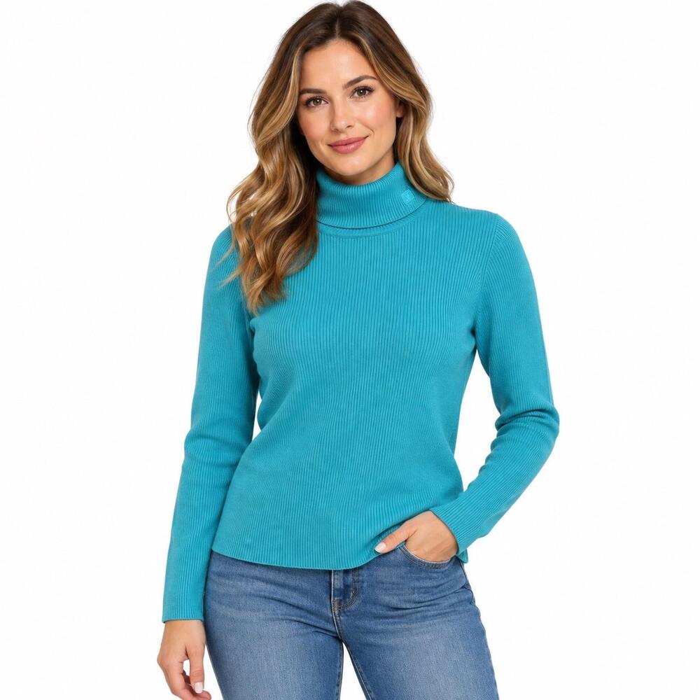 Lauren Ralph Lauren Sweater Womens Large Blue Ribbed Turtleneck Cotton Pullover